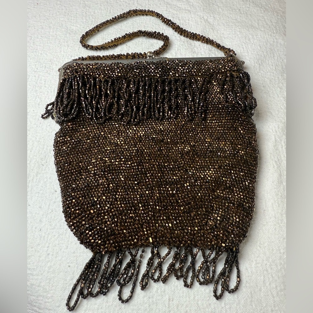 Elegant Vintage Flapper Era Wrist Purse Chocolate Brown Glass Beads Fringe